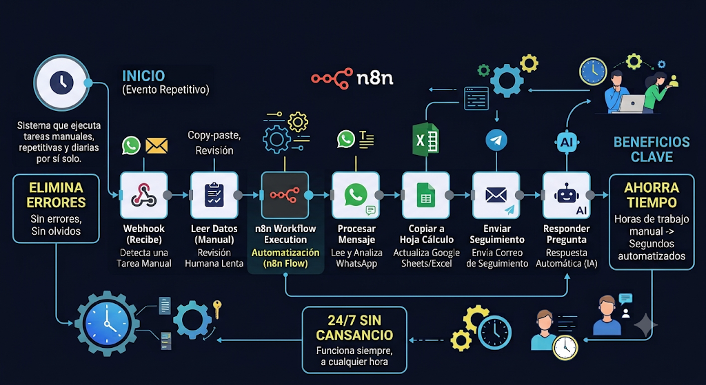Diagrama de una automatización: de tareas manuales repetitivas a un flujo que ejecuta solo